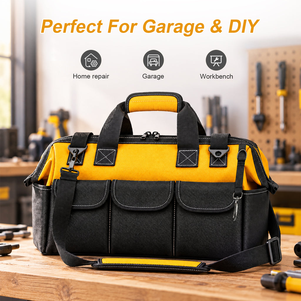 HAWQP 20 Inch Heavy Duty Tool Bag, Large Tool Storage Organizer with Shoulder Strap, Portable Tool Tote Bag for Home DIY, Garage, Repair & Construction