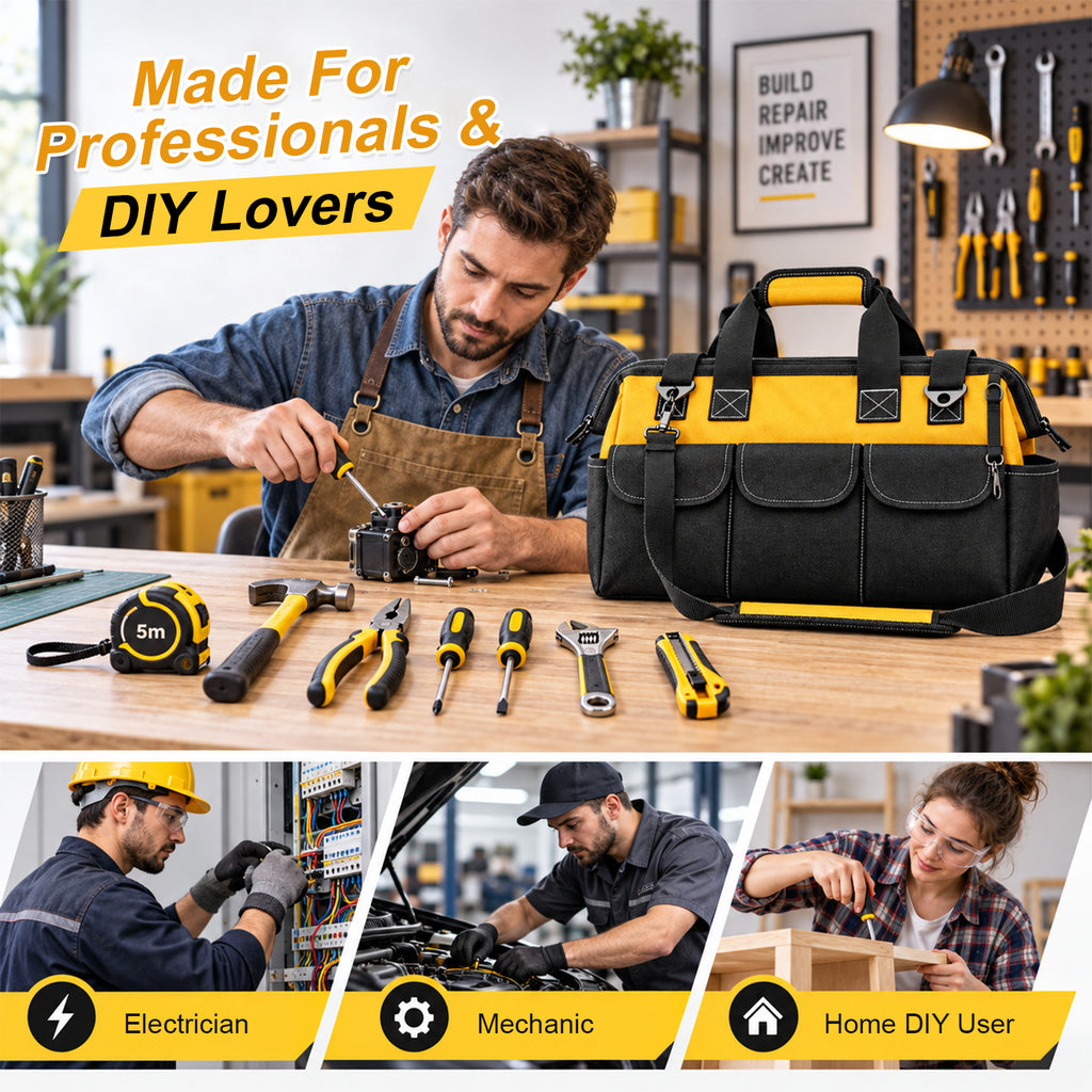 HAWQP 20 Inch Heavy Duty Tool Bag, Large Tool Storage Organizer with Shoulder Strap, Portable Tool Tote Bag for Home DIY, Garage, Repair & Construction