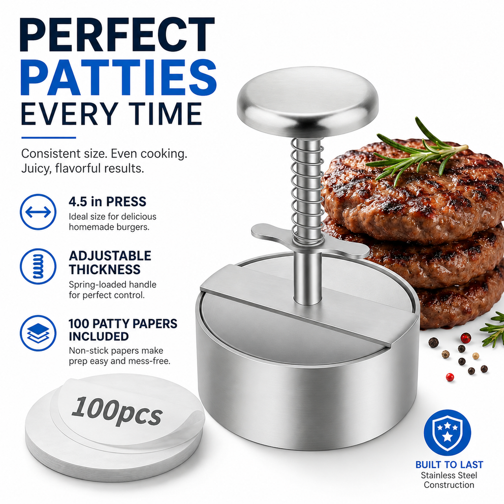 Adjustable Stainless Steel Burger Press, 4.5 Inch Hamburger Patty Maker with Spring Handle, Non-Stick Round Burger Patty Maker Mold for Beef, Turkey, BBQ, Sandwich, Kitchen & Grill Use