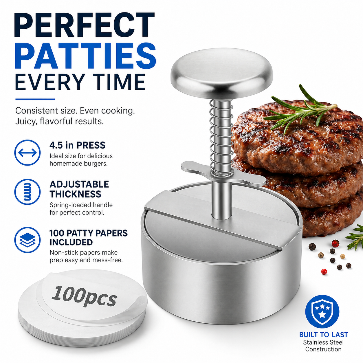 Adjustable Stainless Steel Burger Press, 4.5 Inch Hamburger Patty Maker with Spring Handle, Non-Stick Round Burger Patty Maker Mold for Beef, Turkey, BBQ, Sandwich, Kitchen & Grill Use