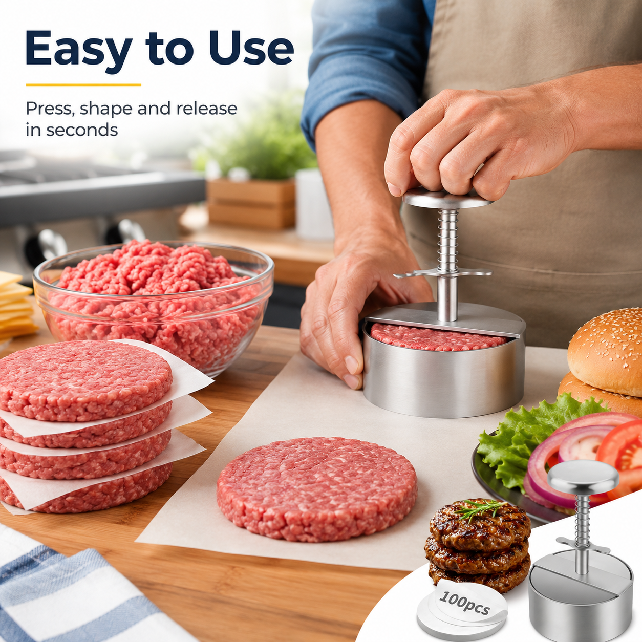 Adjustable Stainless Steel Burger Press, 4.5 Inch Hamburger Patty Maker with Spring Handle, Non-Stick Round Burger Patty Maker Mold for Beef, Turkey, BBQ, Sandwich, Kitchen & Grill Use
