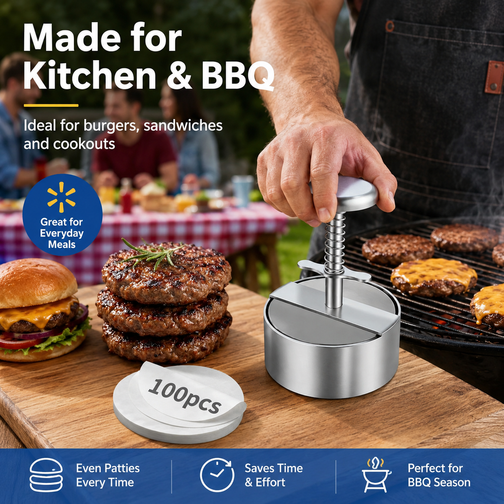 Adjustable Stainless Steel Burger Press, 4.5 Inch Hamburger Patty Maker with Spring Handle, Non-Stick Round Burger Patty Maker Mold for Beef, Turkey, BBQ, Sandwich, Kitchen & Grill Use