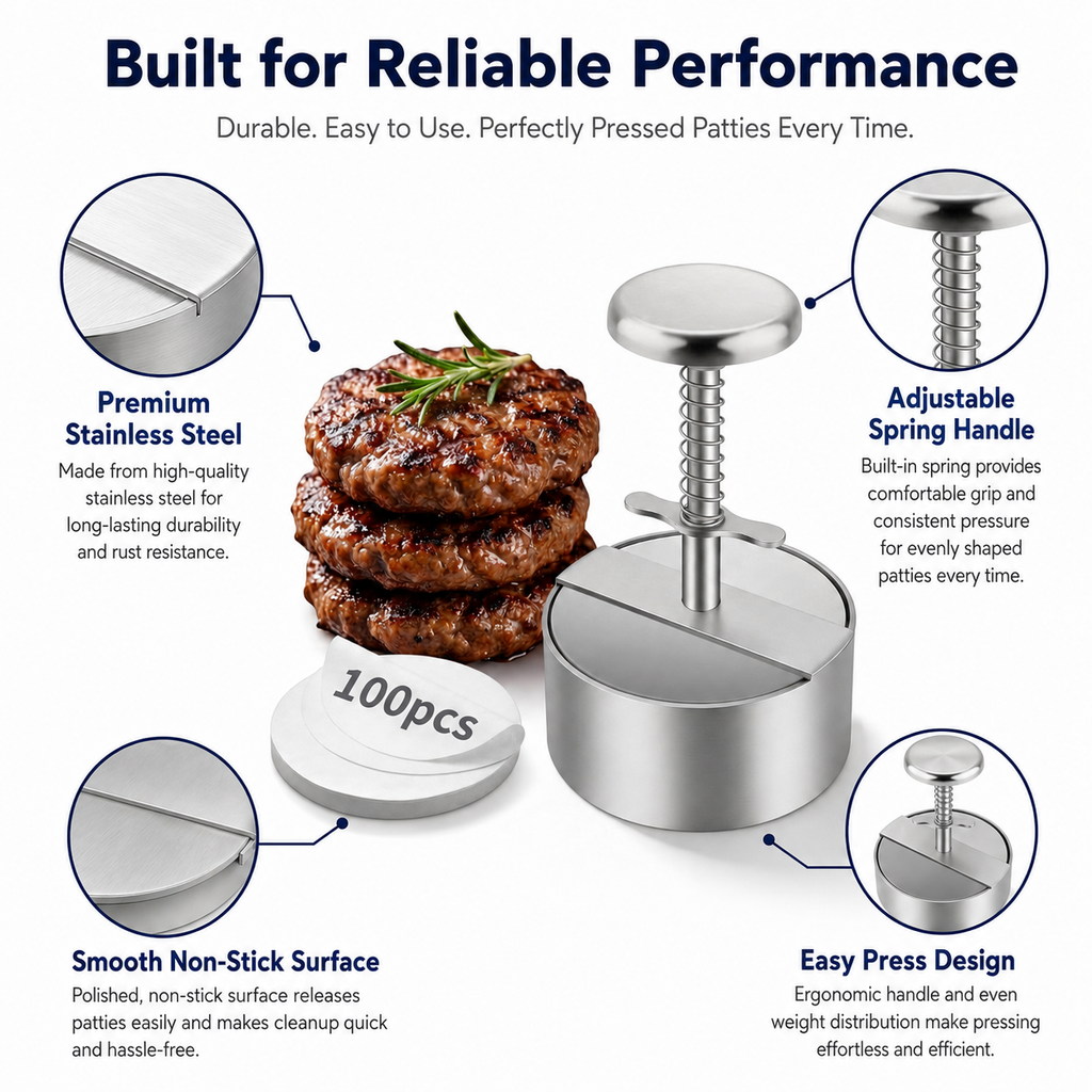 Adjustable Stainless Steel Burger Press, 4.5 Inch Hamburger Patty Maker with Spring Handle, Non-Stick Round Burger Patty Maker Mold for Beef, Turkey, BBQ, Sandwich, Kitchen & Grill Use