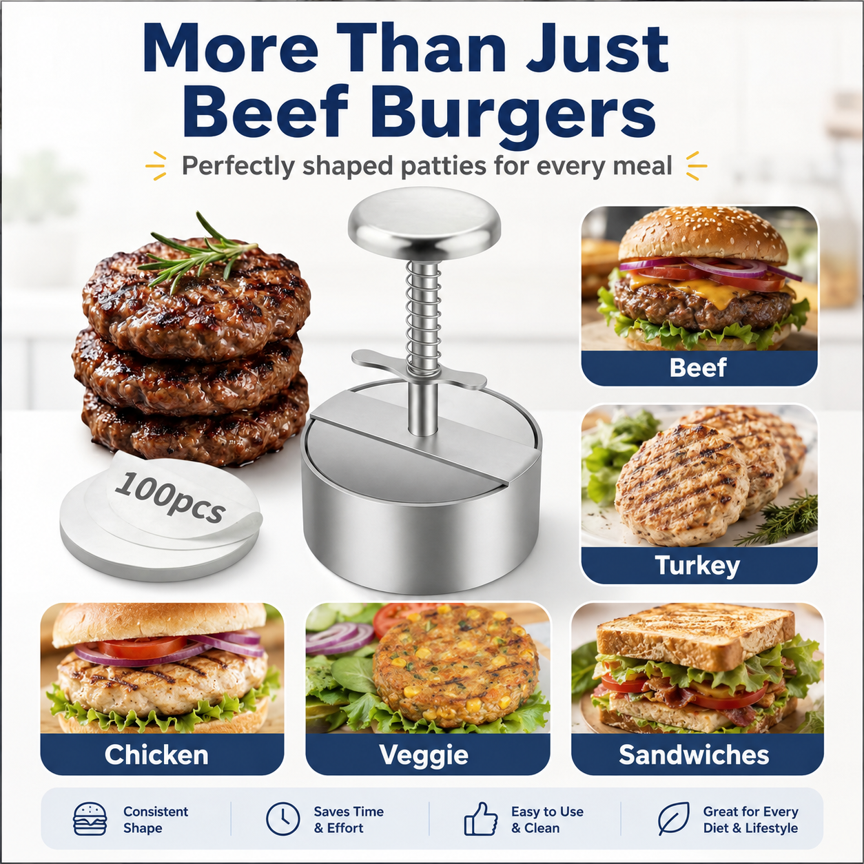 Adjustable Stainless Steel Burger Press, 4.5 Inch Hamburger Patty Maker with Spring Handle, Non-Stick Round Burger Patty Maker Mold for Beef, Turkey, BBQ, Sandwich, Kitchen & Grill Use