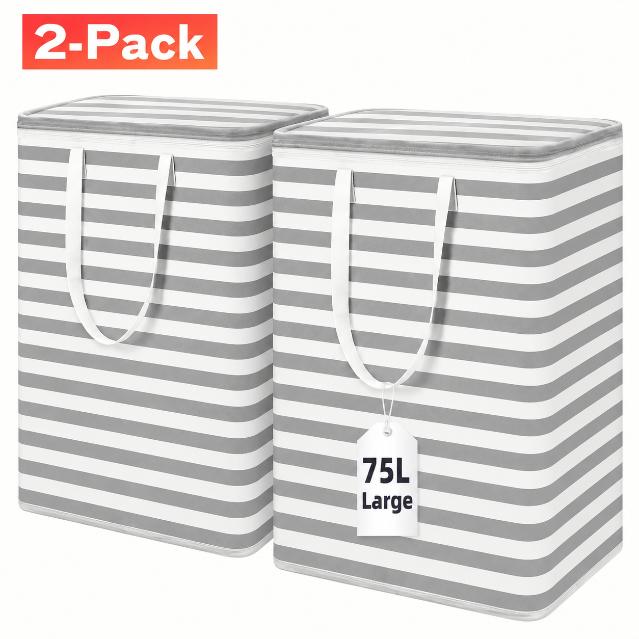 HAWQP 2 Pack Laundry Hampers Large Collapsible Laundry Baskets, Freestanding Waterproof Clothes Hamper with Easy Carry Handles in Laundry Room Bedroom Bathroom College Dorm,White 2 x 75L