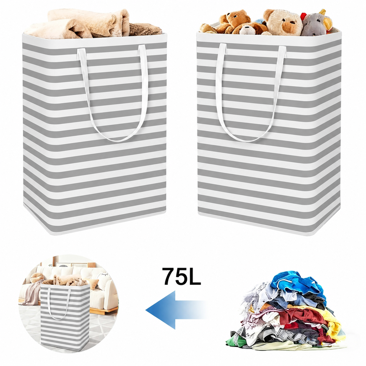 HAWQP 2 Pack Laundry Hampers Large Collapsible Laundry Baskets, Freestanding Waterproof Clothes Hamper with Easy Carry Handles in Laundry Room Bedroom Bathroom College Dorm,White 2 x 75L