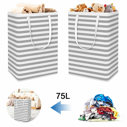 HAWQP 2 Pack Laundry Hampers Large Collapsible Laundry Baskets, Freestanding Waterproof Clothes Hamper with Easy Carry Handles in Laundry Room Bedroom Bathroom College Dorm,White 2 x 75L