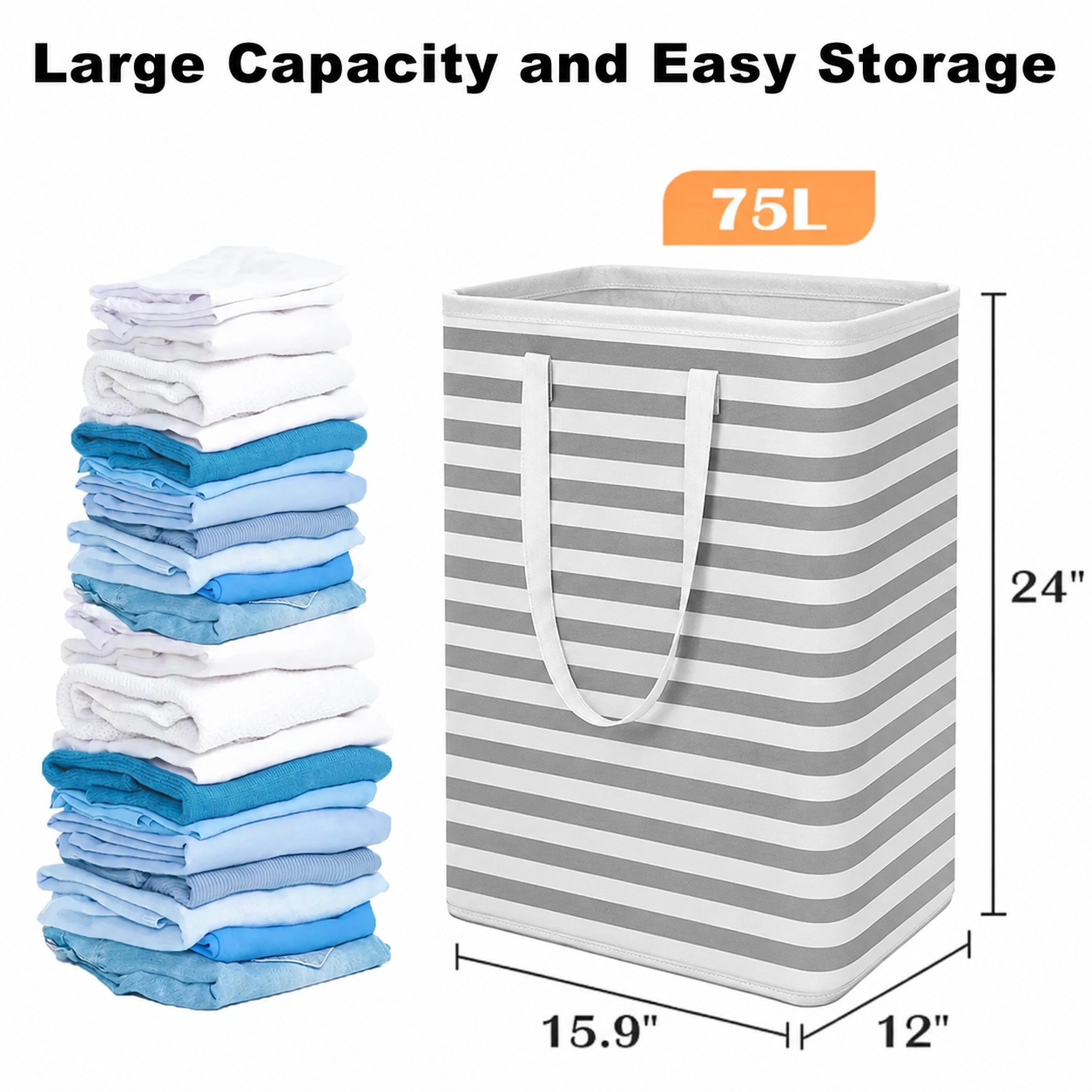 HAWQP 2 Pack Laundry Hampers Large Collapsible Laundry Baskets, Freestanding Waterproof Clothes Hamper with Easy Carry Handles in Laundry Room Bedroom Bathroom College Dorm,White 2 x 75L