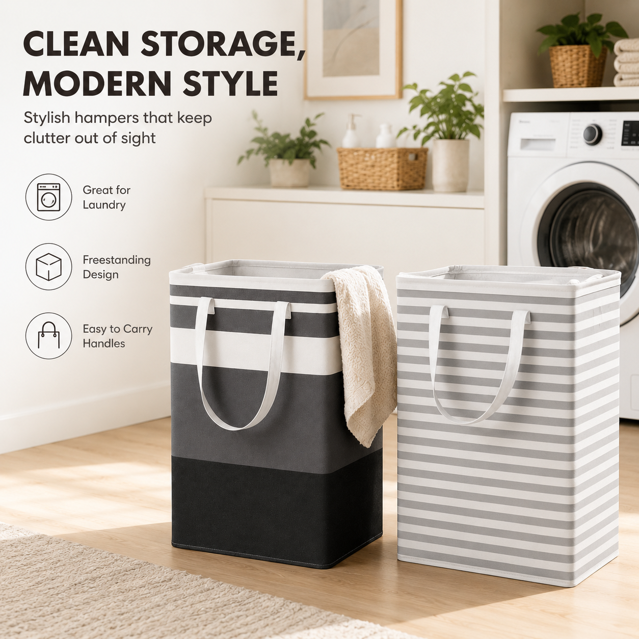 HAWQP 2 Pack Laundry Baskets, Collapsible Clothes Hamper, Freestanding Waterproof Dirty Clothes Hamper with Easy Carry Handles in Laundry Room, College Dorm, Bathroom, Bedroom 75L