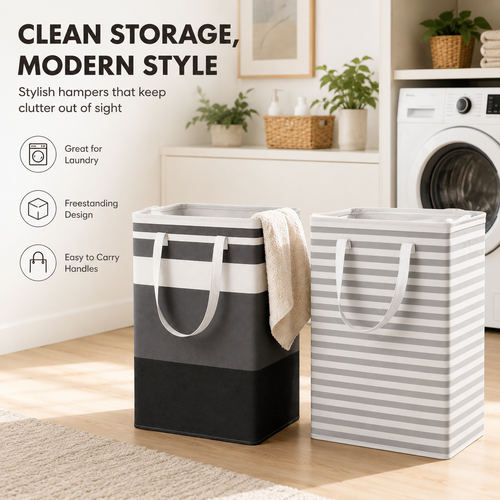 HAWQP 2 Pack Laundry Baskets, Collapsible Clothes Hamper, Freestanding Waterproof Dirty Clothes Hamper with Easy Carry Handles in Laundry Room, College Dorm, Bathroom, Bedroom 75L