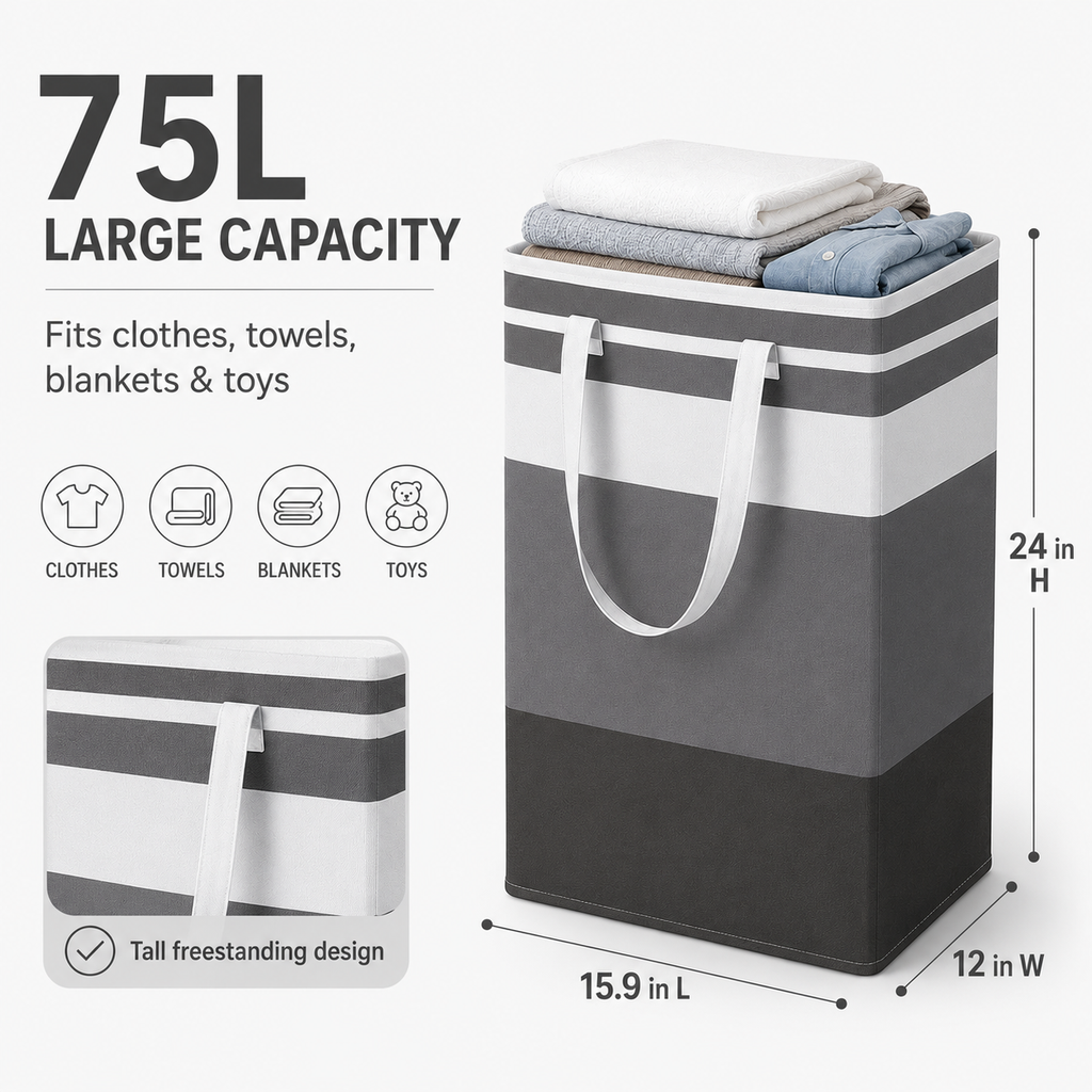 HAWQP 2 Pack Laundry Baskets, Collapsible Clothes Hamper, Freestanding Waterproof Dirty Clothes Hamper with Easy Carry Handles in Laundry Room, College Dorm, Bathroom, Bedroom 75L