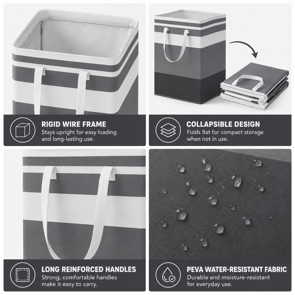 HAWQP 2 Pack Laundry Baskets, Collapsible Clothes Hamper, Freestanding Waterproof Dirty Clothes Hamper with Easy Carry Handles in Laundry Room, College Dorm, Bathroom, Bedroom 75L