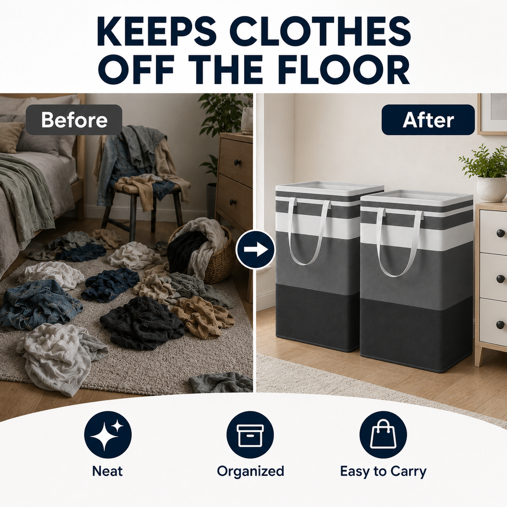 HAWQP 2 Pack Laundry Baskets, Collapsible Clothes Hamper, Freestanding Waterproof Dirty Clothes Hamper with Easy Carry Handles in Laundry Room, College Dorm, Bathroom, Bedroom 75L