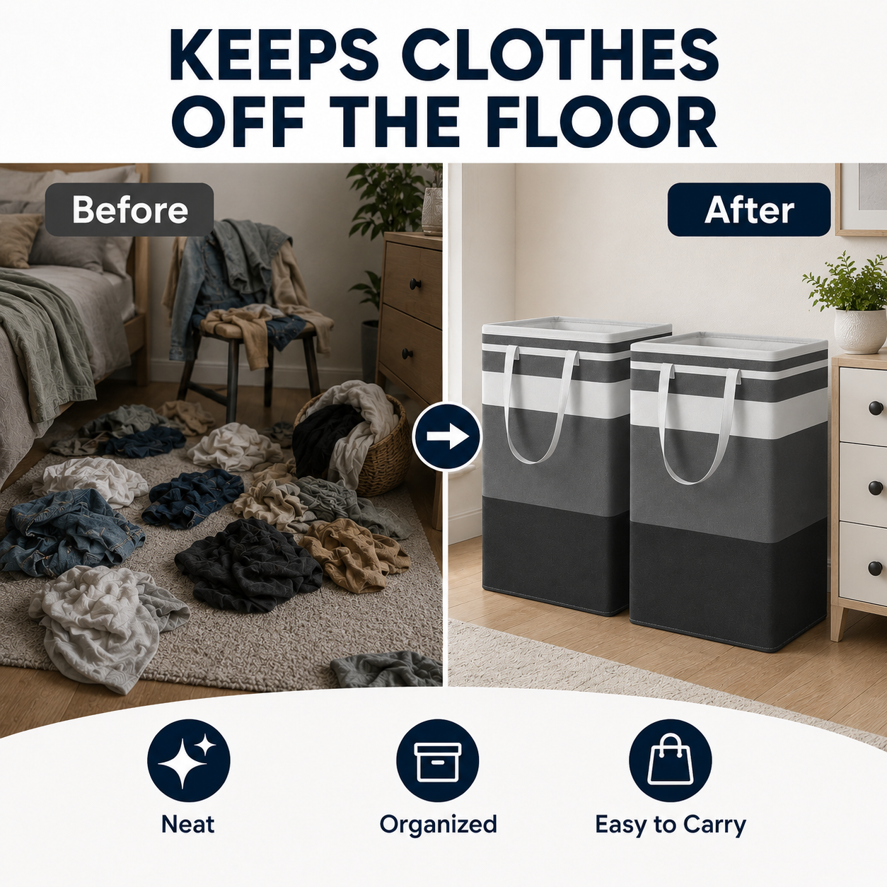 HAWQP 2 Pack Laundry Baskets, Collapsible Clothes Hamper, Freestanding Waterproof Dirty Clothes Hamper with Easy Carry Handles in Laundry Room, College Dorm, Bathroom, Bedroom 75L