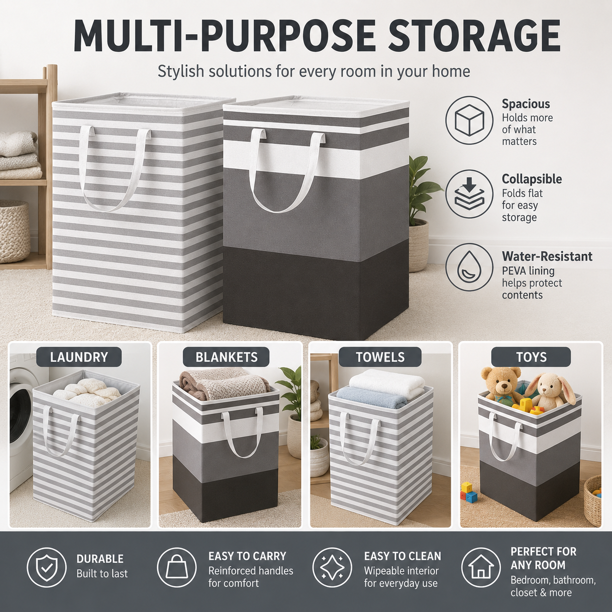 HAWQP 2 Pack Laundry Baskets, Collapsible Clothes Hamper, Freestanding Waterproof Dirty Clothes Hamper with Easy Carry Handles in Laundry Room, College Dorm, Bathroom, Bedroom 75L