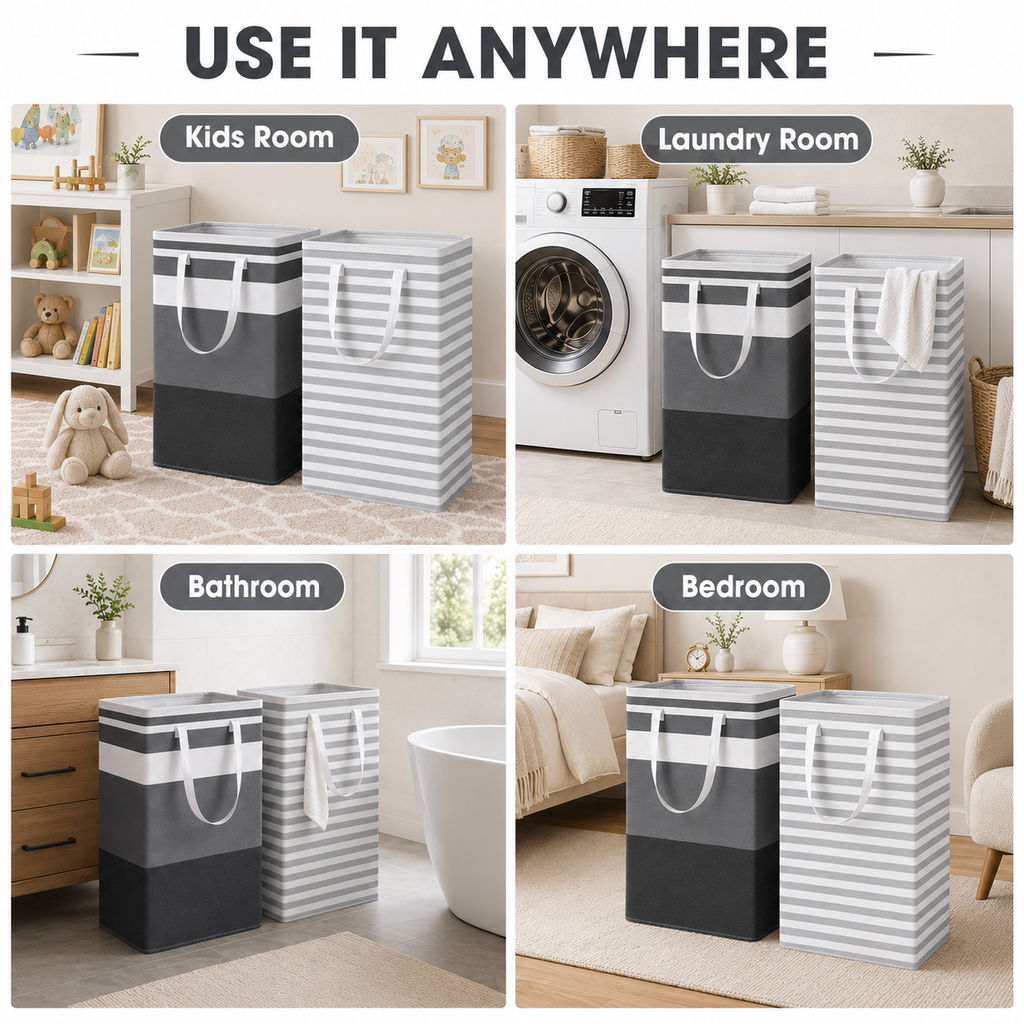 HAWQP 2 Pack Laundry Baskets, Collapsible Clothes Hamper, Freestanding Waterproof Dirty Clothes Hamper with Easy Carry Handles in Laundry Room, College Dorm, Bathroom, Bedroom 75L