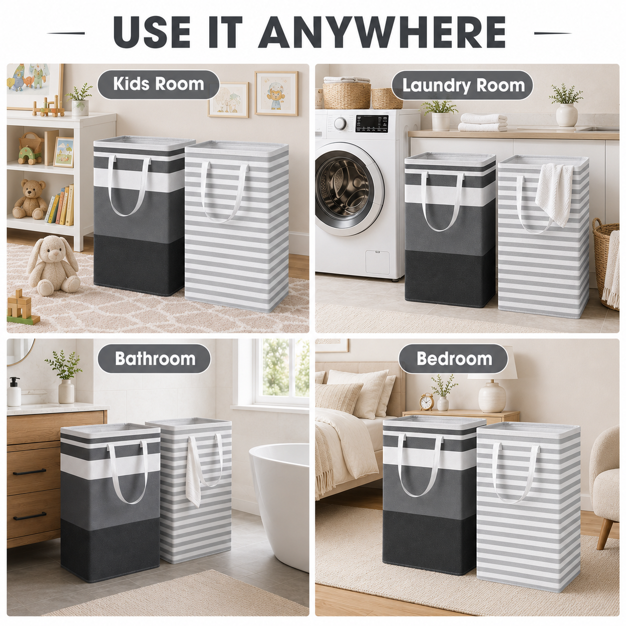 HAWQP 2 Pack Laundry Baskets, Collapsible Clothes Hamper, Freestanding Waterproof Dirty Clothes Hamper with Easy Carry Handles in Laundry Room, College Dorm, Bathroom, Bedroom 75L
