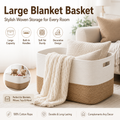 HAWQP Large Blanket Basket for Living Room, Woven Storage Basket with Handles, Decorative Laundry Basket for Blankets, Pillows, Toys, Clothes and Home Organization, White & Light Brown
