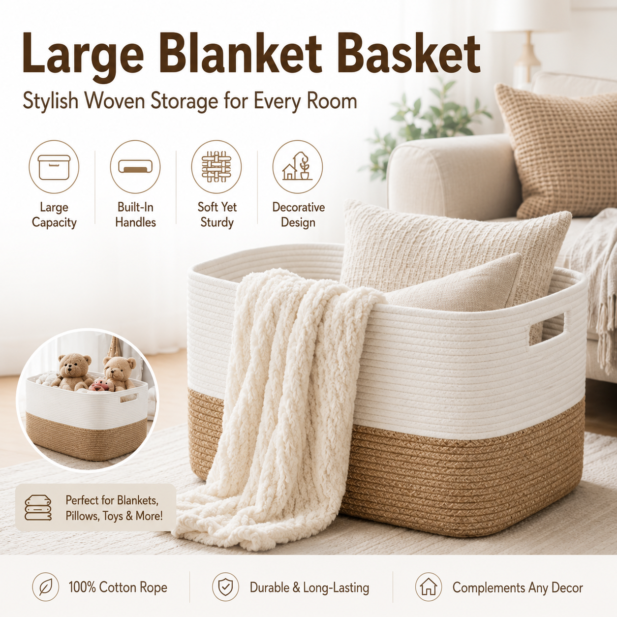HAWQP Large Blanket Basket for Living Room, Woven Storage Basket with Handles, Decorative Laundry Basket for Blankets, Pillows, Toys, Clothes and Home Organization, White & Light Brown
