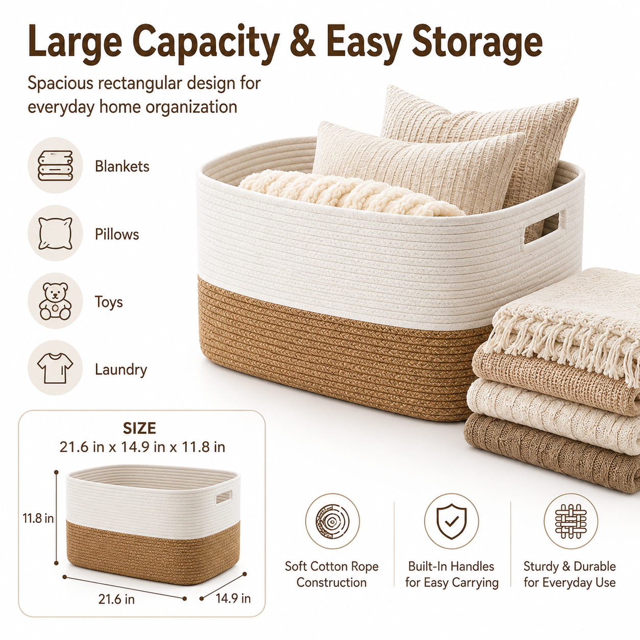HAWQP Large Blanket Basket for Living Room, Woven Storage Basket with Handles, Decorative Laundry Basket for Blankets, Pillows, Toys, Clothes and Home Organization, White & Light Brown