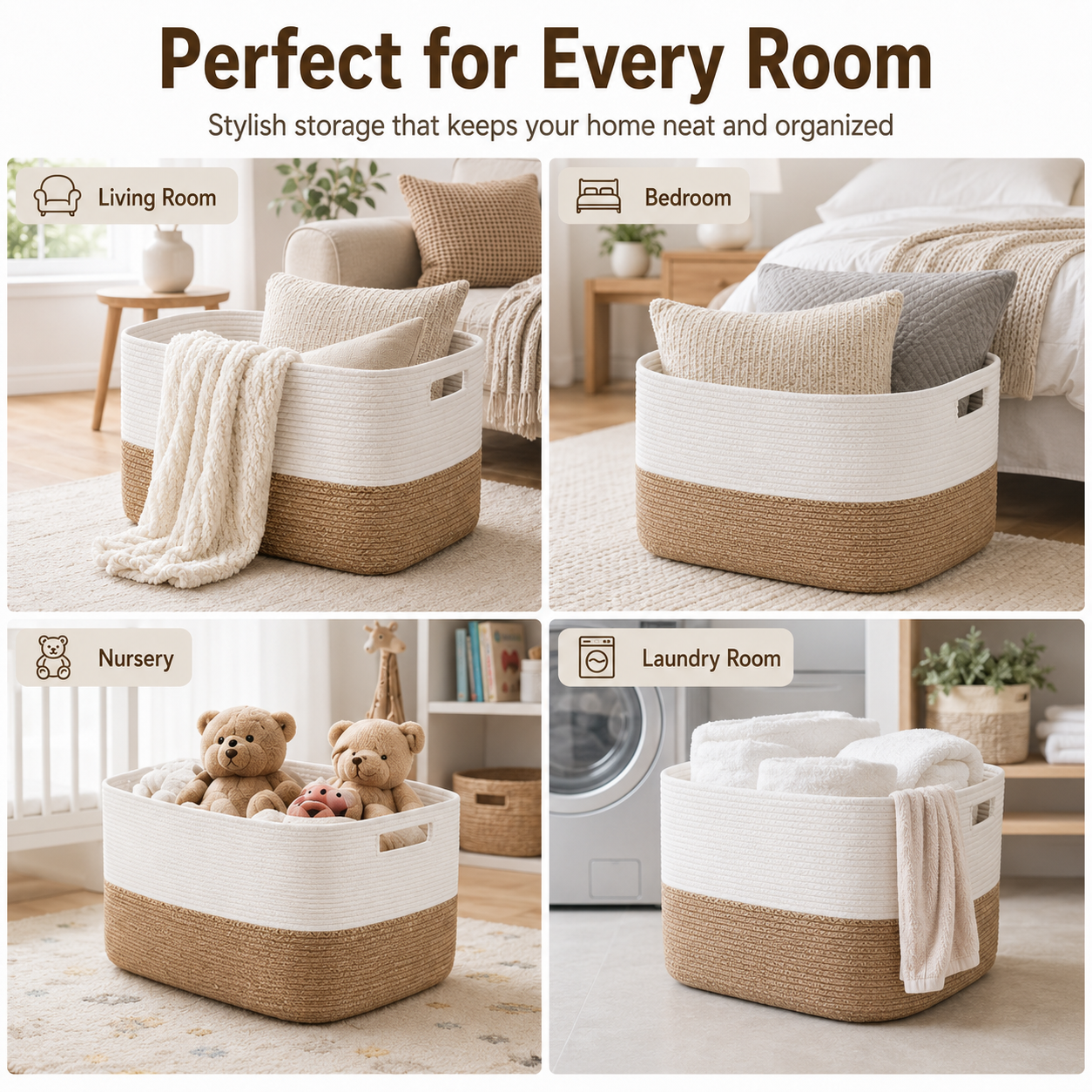 HAWQP Large Blanket Basket for Living Room, Woven Storage Basket with Handles, Decorative Laundry Basket for Blankets, Pillows, Toys, Clothes and Home Organization, White & Light Brown