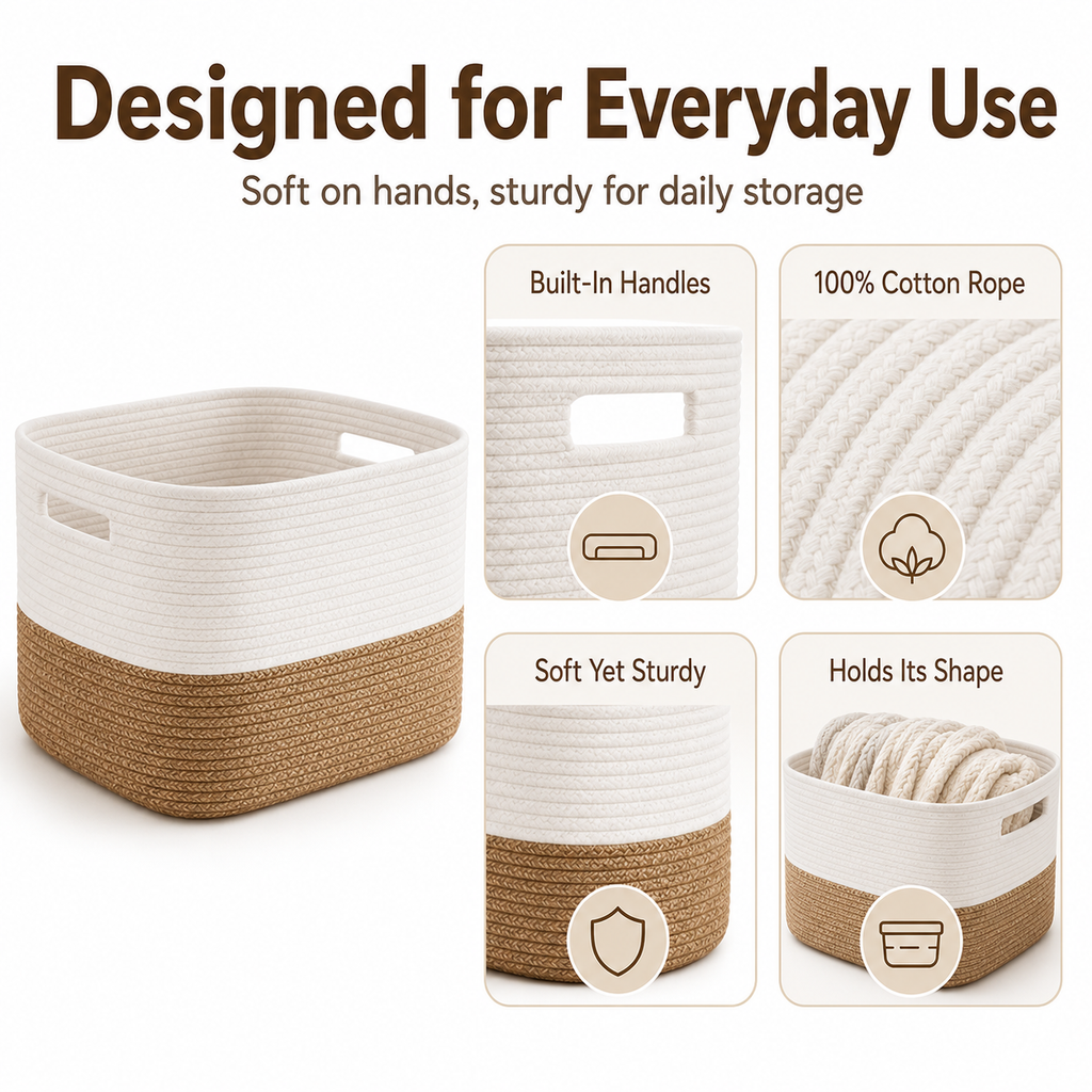 HAWQP Large Blanket Basket for Living Room, Woven Storage Basket with Handles, Decorative Laundry Basket for Blankets, Pillows, Toys, Clothes and Home Organization, White & Light Brown