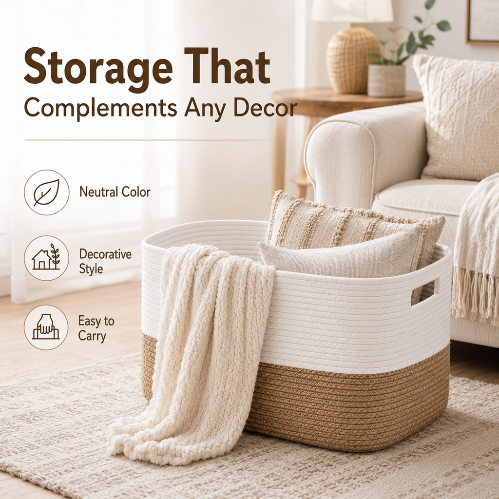 HAWQP Large Blanket Basket for Living Room, Woven Storage Basket with Handles, Decorative Laundry Basket for Blankets, Pillows, Toys, Clothes and Home Organization, White & Light Brown