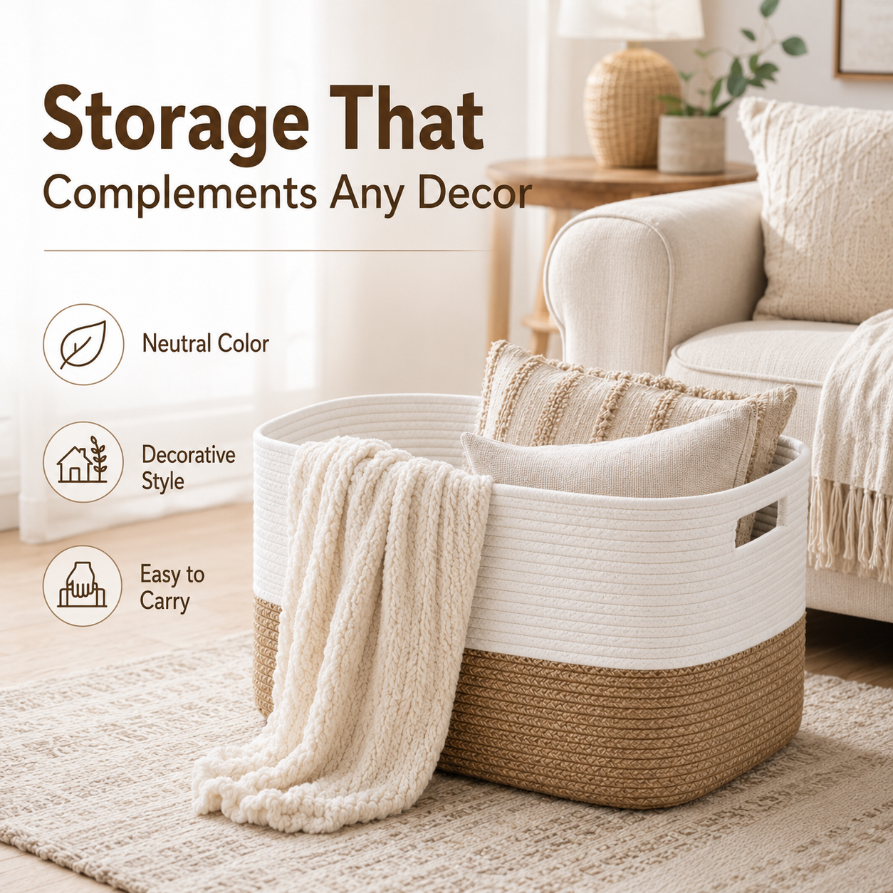 HAWQP Large Blanket Basket for Living Room, Woven Storage Basket with Handles, Decorative Laundry Basket for Blankets, Pillows, Toys, Clothes and Home Organization, White & Light Brown