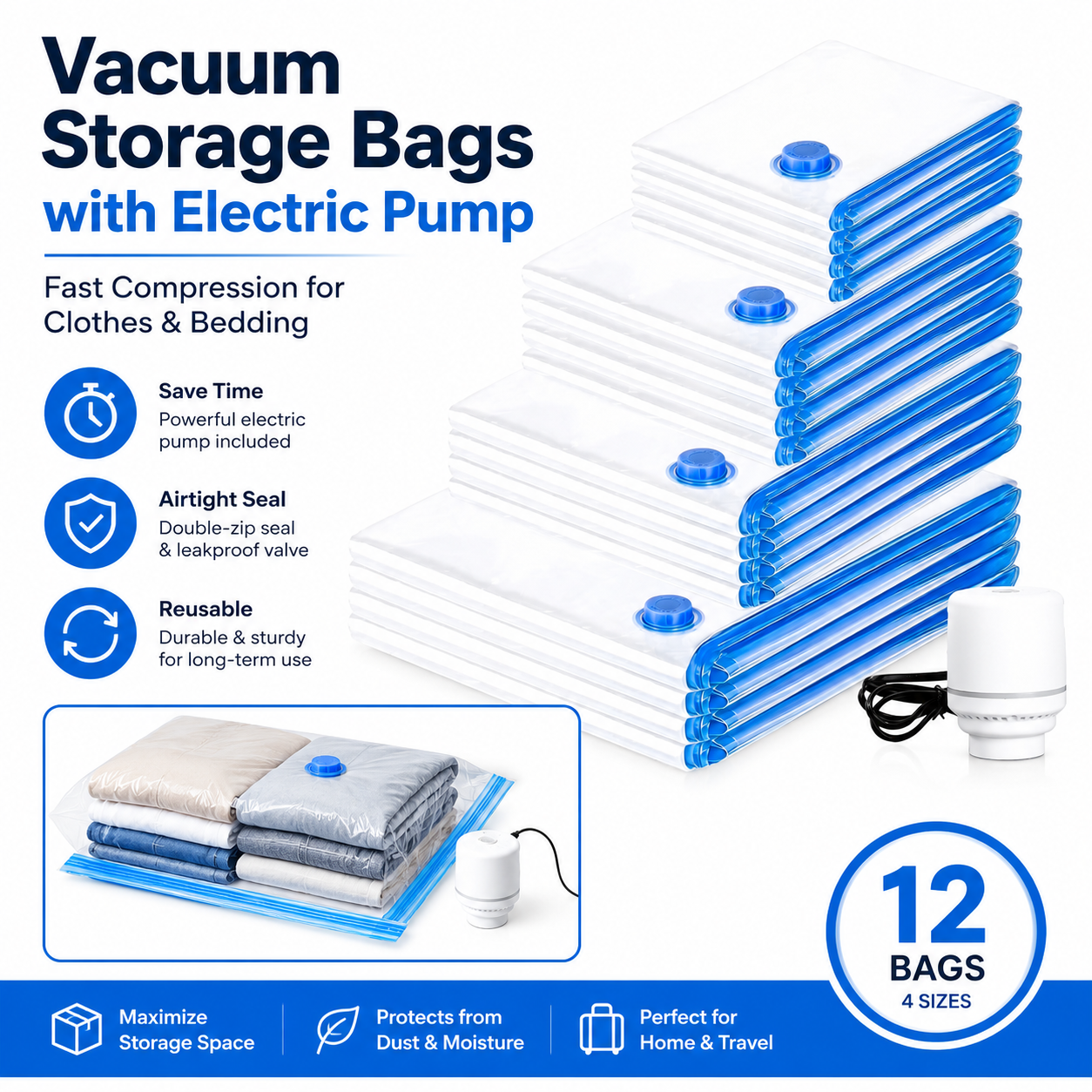 Vacuum Storage Bags with Electric Pump, Space Saver Compression Bags for Clothes, Bedding, Comforters, Blankets and Travel, Reusable Vacuum Seal Storage Bags for Closet and Home Organization
