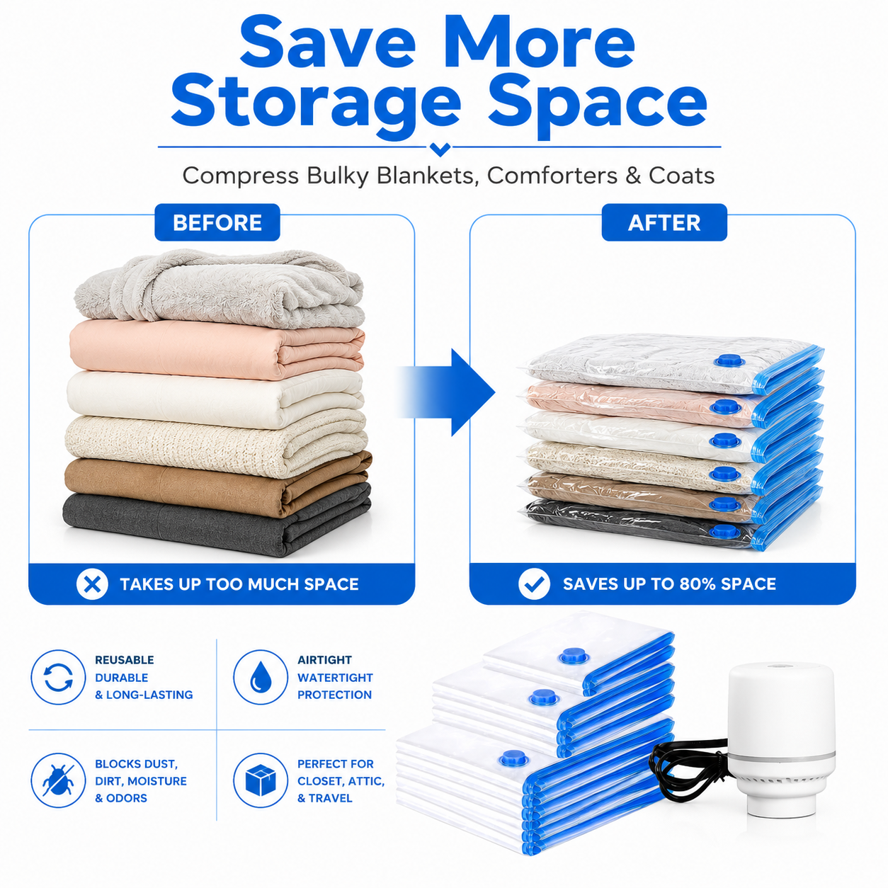 Vacuum Storage Bags with Electric Pump, Space Saver Compression Bags for Clothes, Bedding, Comforters, Blankets and Travel, Reusable Vacuum Seal Storage Bags for Closet and Home Organization