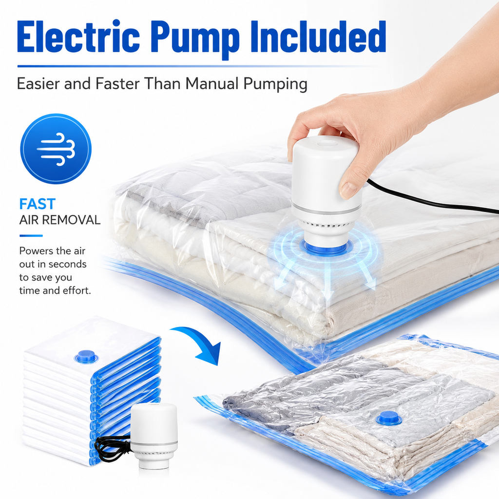 Vacuum Storage Bags with Electric Pump, Space Saver Compression Bags for Clothes, Bedding, Comforters, Blankets and Travel, Reusable Vacuum Seal Storage Bags for Closet and Home Organization
