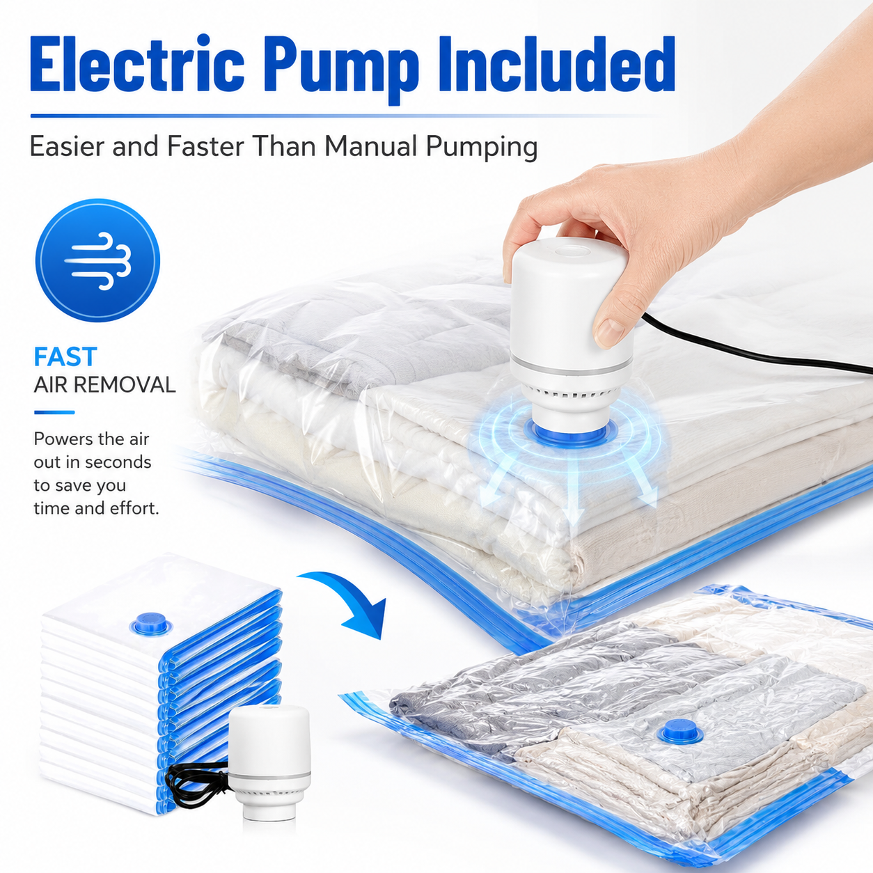 Vacuum Storage Bags with Electric Pump, Space Saver Compression Bags for Clothes, Bedding, Comforters, Blankets and Travel, Reusable Vacuum Seal Storage Bags for Closet and Home Organization
