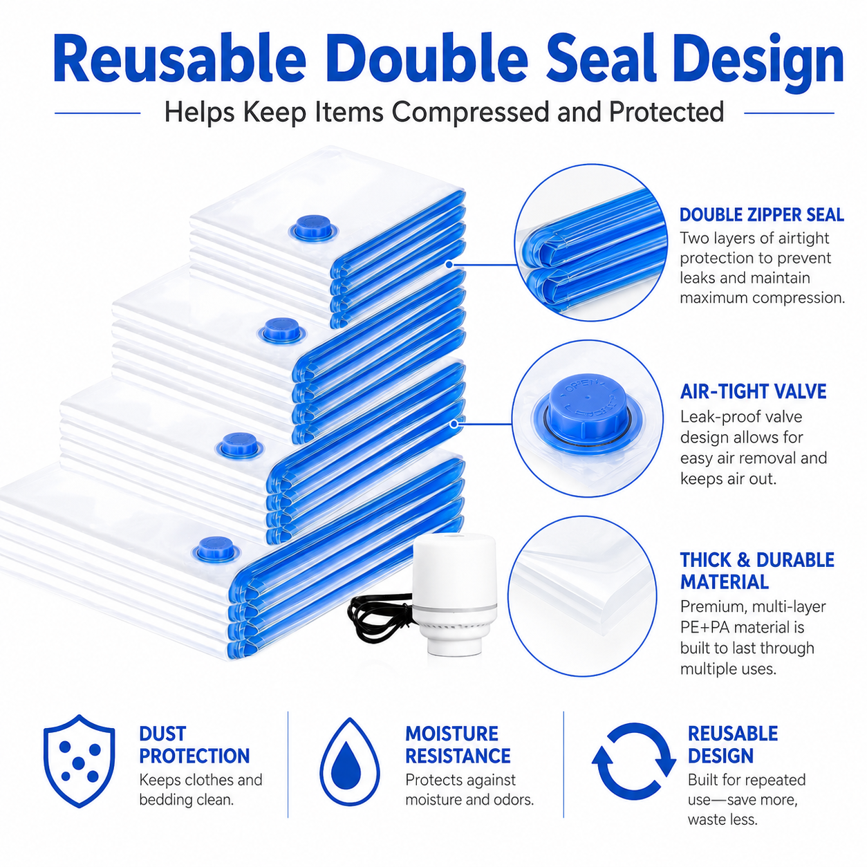 Vacuum Storage Bags with Electric Pump, Space Saver Compression Bags for Clothes, Bedding, Comforters, Blankets and Travel, Reusable Vacuum Seal Storage Bags for Closet and Home Organization
