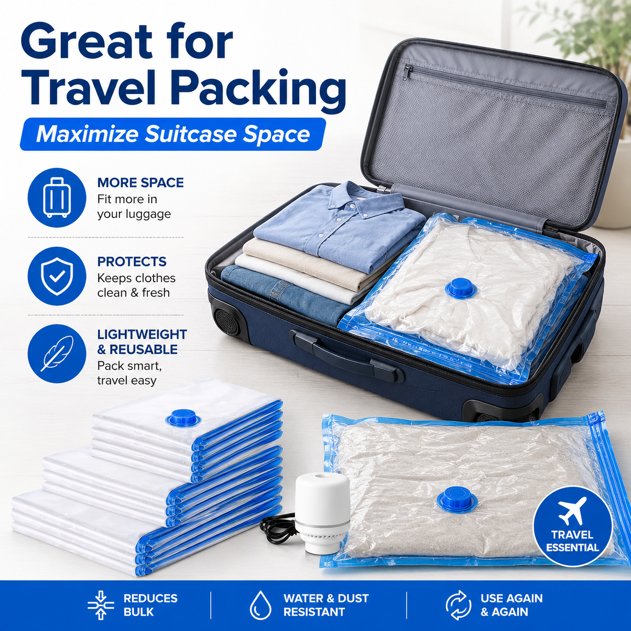Vacuum Storage Bags with Electric Pump, Space Saver Compression Bags for Clothes, Bedding, Comforters, Blankets and Travel, Reusable Vacuum Seal Storage Bags for Closet and Home Organization