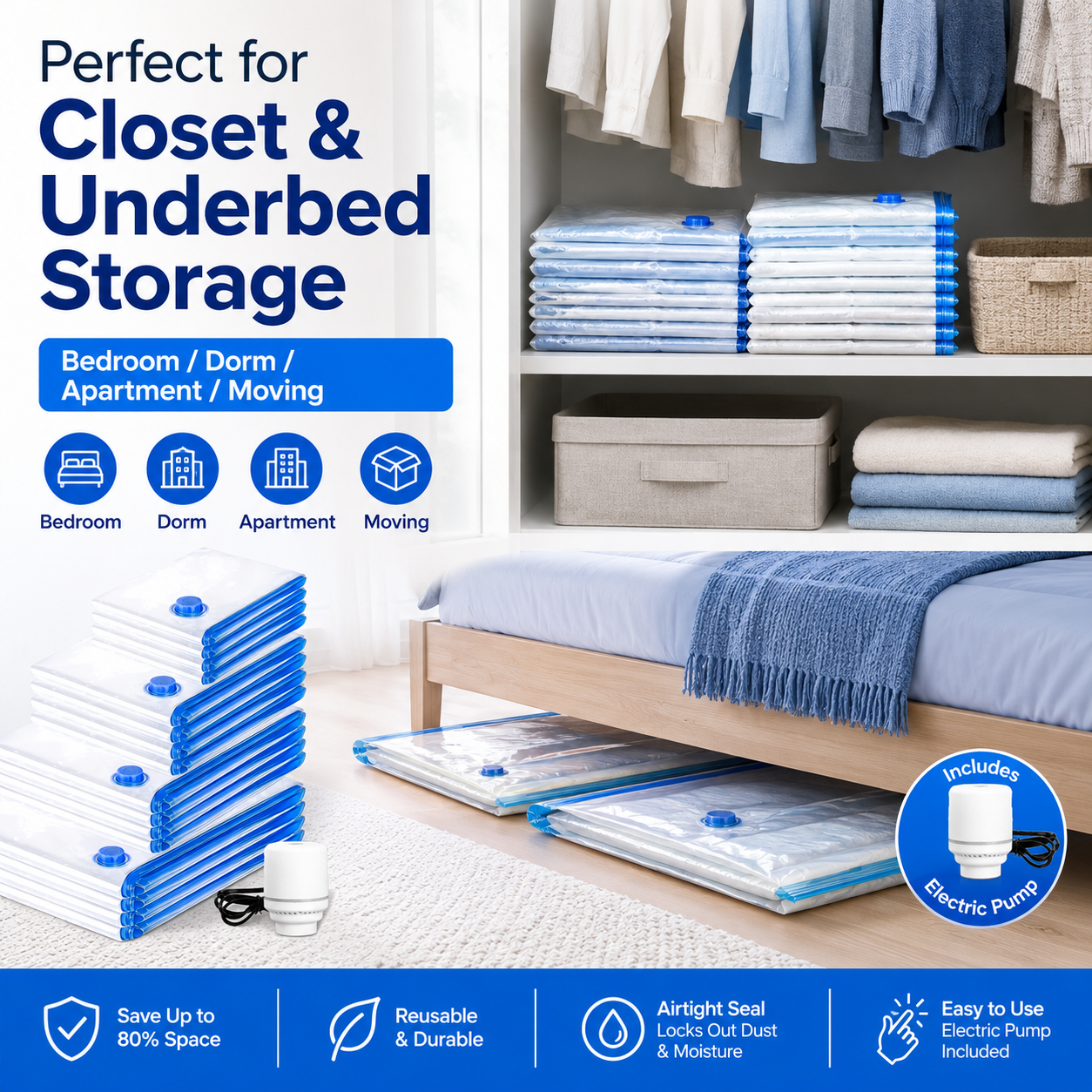 Vacuum Storage Bags with Electric Pump, Space Saver Compression Bags for Clothes, Bedding, Comforters, Blankets and Travel, Reusable Vacuum Seal Storage Bags for Closet and Home Organization