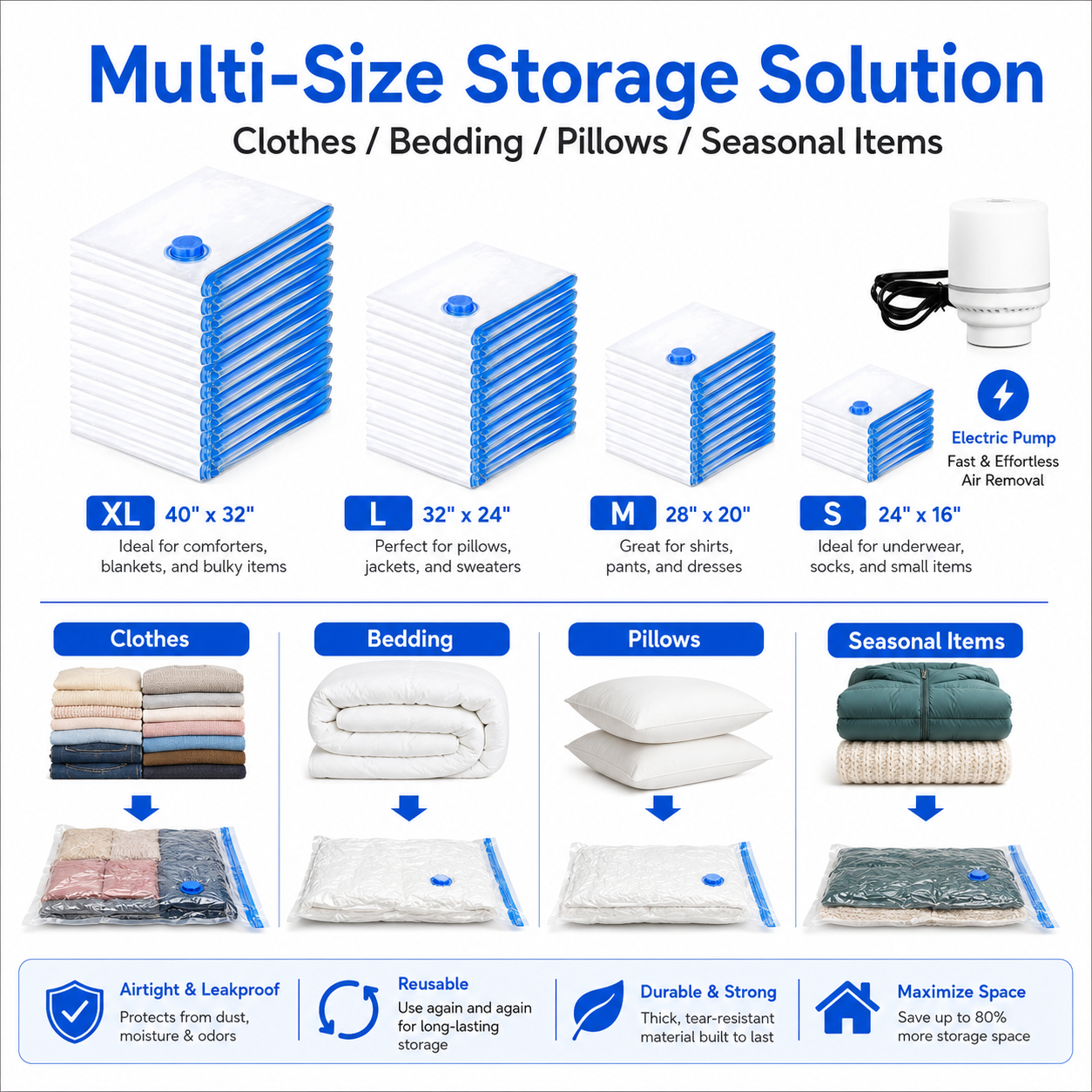 Vacuum Storage Bags with Electric Pump, Space Saver Compression Bags for Clothes, Bedding, Comforters, Blankets and Travel, Reusable Vacuum Seal Storage Bags for Closet and Home Organization