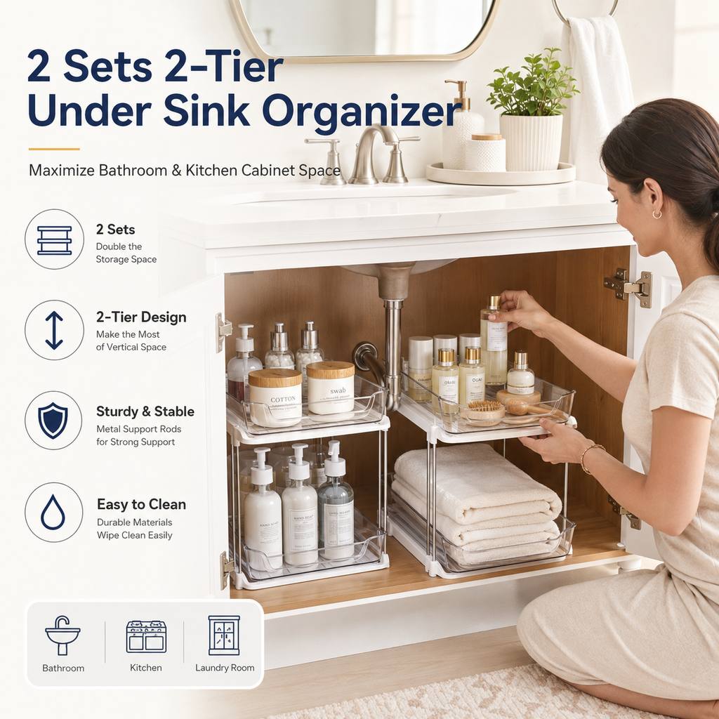 2 Sets of 2-Tier Under-Sink Organizers, Stackable Bathroom Cabinet Organizers with Adjustable Dividers, Sink Storage Organizers for Kitchen Pantries, Vanities, and Countertops