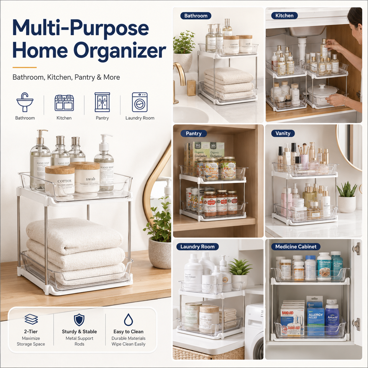2 Sets of 2-Tier Under-Sink Organizers, Stackable Bathroom Cabinet Organizers with Adjustable Dividers, Sink Storage Organizers for Kitchen Pantries, Vanities, and Countertops