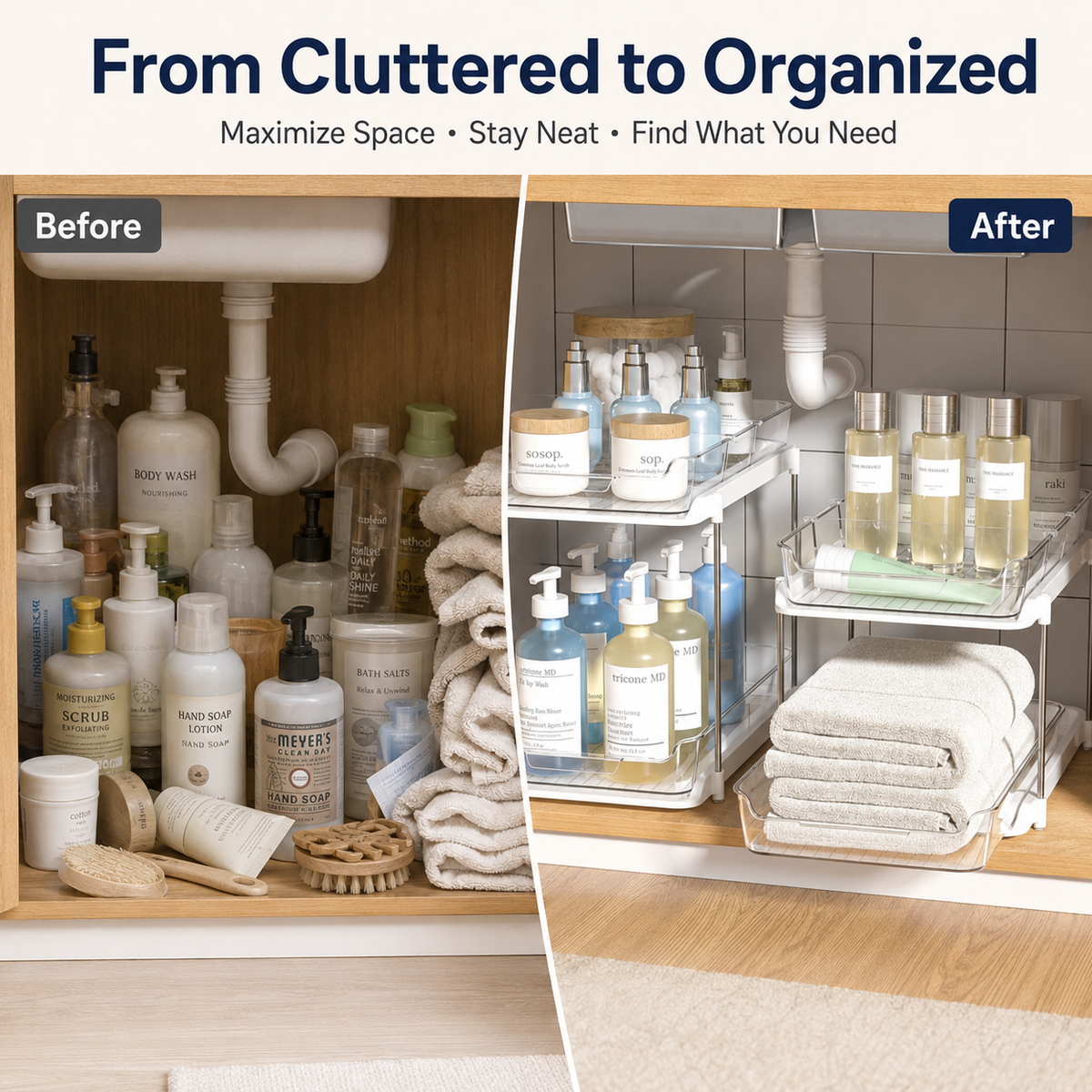 2 Sets of 2-Tier Under-Sink Organizers, Stackable Bathroom Cabinet Organizers with Adjustable Dividers, Sink Storage Organizers for Kitchen Pantries, Vanities, and Countertops