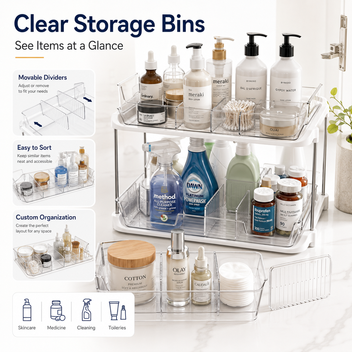 2 Sets of 2-Tier Under-Sink Organizers, Stackable Bathroom Cabinet Organizers with Adjustable Dividers, Sink Storage Organizers for Kitchen Pantries, Vanities, and Countertops