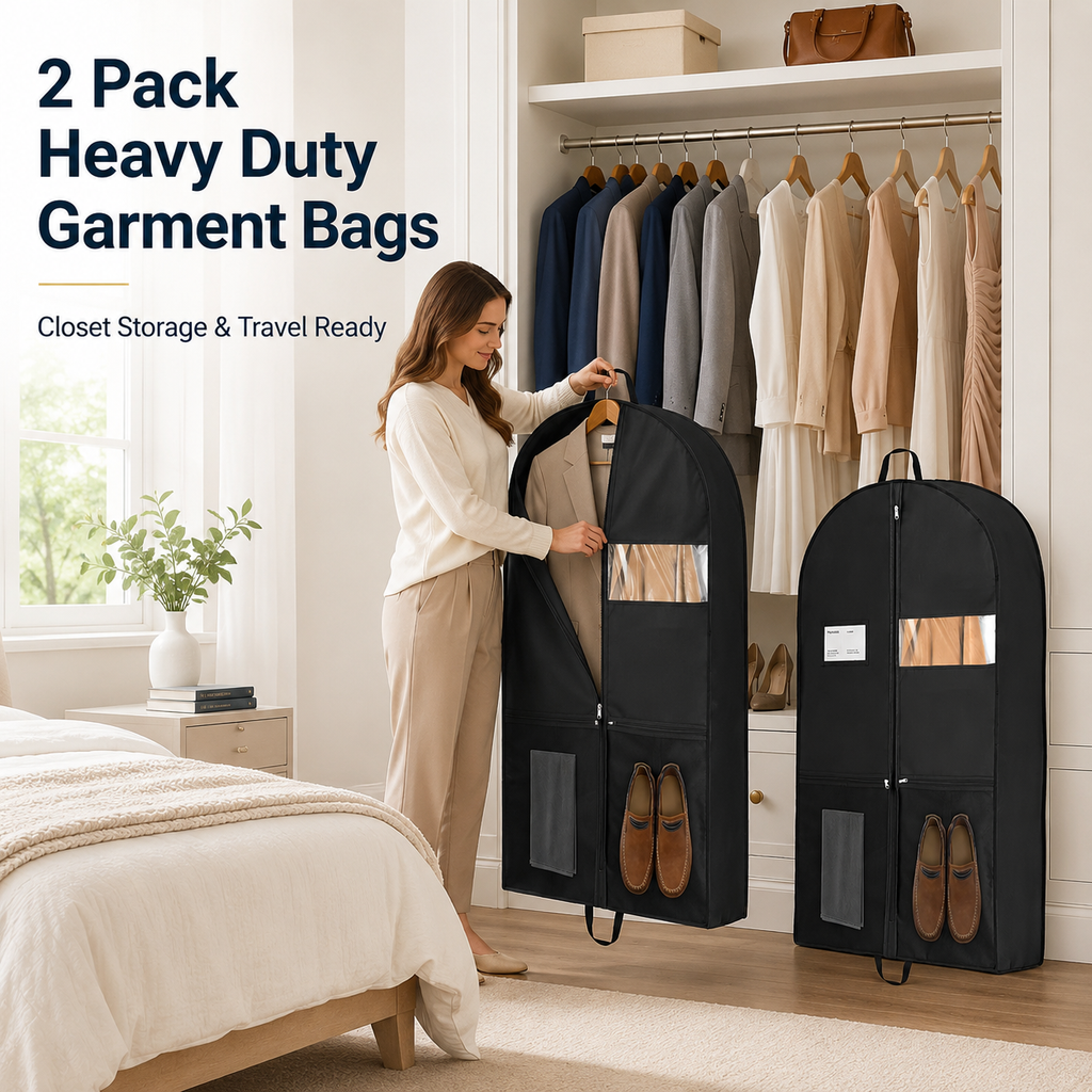 2 Pack Heavy Duty Garment Bags for Hanging Clothes, 43 Inch Gusseted Suit Bags with Handles, Clear Window and Pockets, Travel Garment Bag for Suits, Dresses, Coats, Shirts and Closet Storage, Black