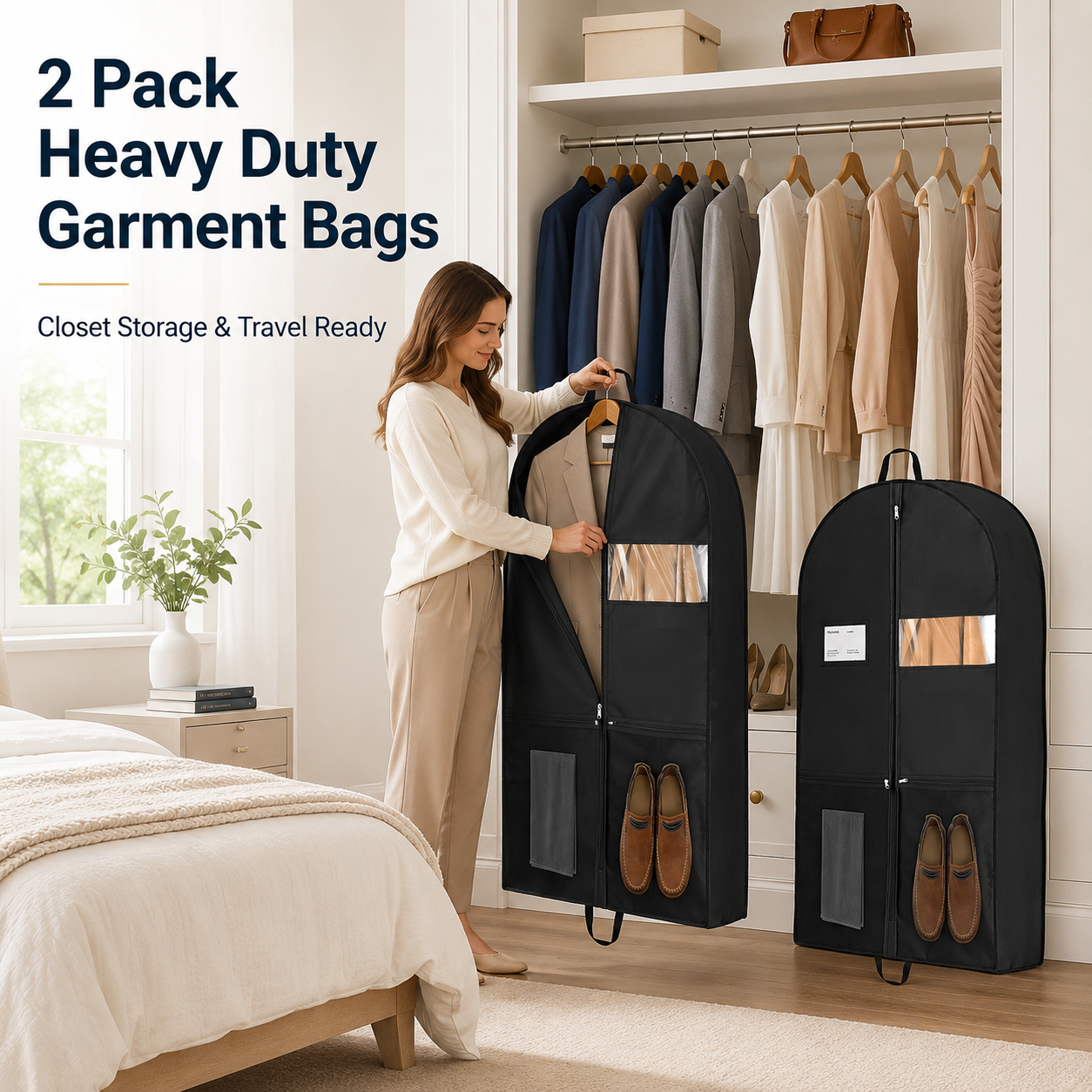 2 Pack Heavy Duty Garment Bags for Hanging Clothes, 43 Inch Gusseted Suit Bags with Handles, Clear Window and Pockets, Travel Garment Bag for Suits, Dresses, Coats, Shirts and Closet Storage, Black