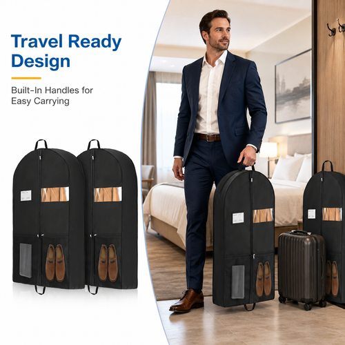 2 Pack Heavy Duty Garment Bags for Hanging Clothes, 43 Inch Gusseted Suit Bags with Handles, Clear Window and Pockets, Travel Garment Bag for Suits, Dresses, Coats, Shirts and Closet Storage, Black