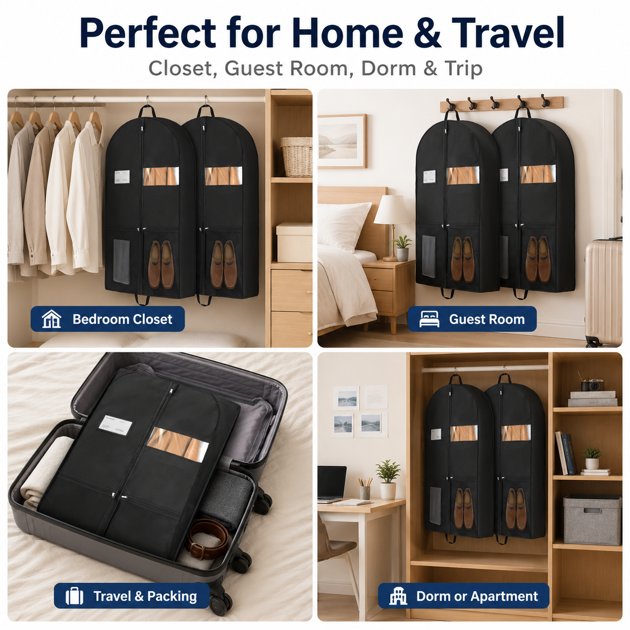 2 Pack Heavy Duty Garment Bags for Hanging Clothes, 43 Inch Gusseted Suit Bags with Handles, Clear Window and Pockets, Travel Garment Bag for Suits, Dresses, Coats, Shirts and Closet Storage, Black
