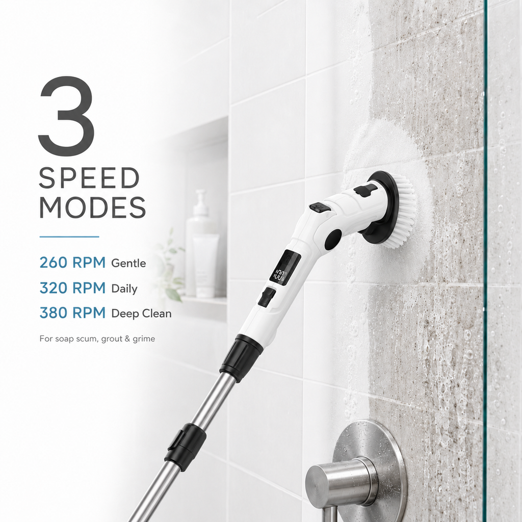 HAWQP Electric Spin Scrubber, Cordless Shower Cleaning Brush with 8 Heads, 3 Speeds, Adjustable Extension Handle for Bathroom, Tub, Tile & Floor