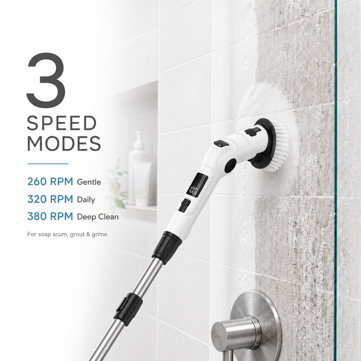 HAWQP Electric Spin Scrubber, Cordless Shower Cleaning Brush with 8 Heads, 3 Speeds, Adjustable Extension Handle for Bathroom, Tub, Tile & Floor