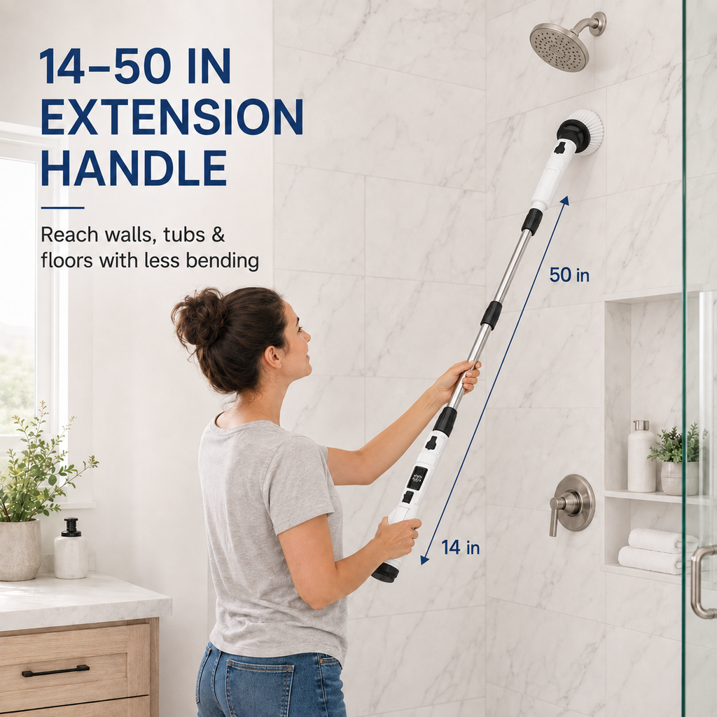 HAWQP Electric Spin Scrubber, Cordless Shower Cleaning Brush with 8 Heads, 3 Speeds, Adjustable Extension Handle for Bathroom, Tub, Tile & Floor
