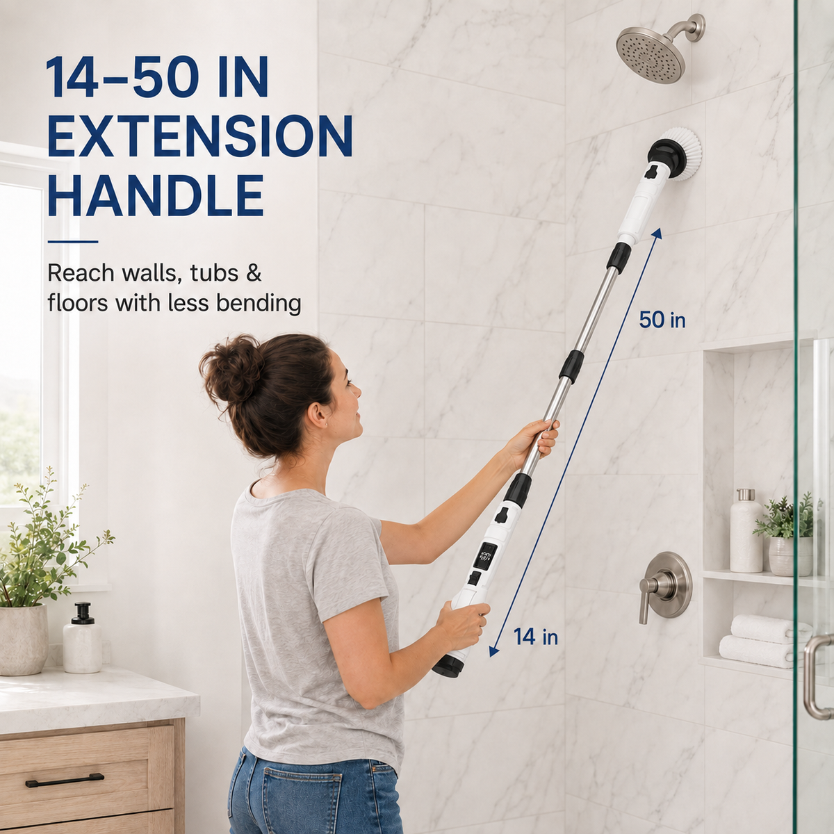 HAWQP Electric Spin Scrubber, Cordless Shower Cleaning Brush with 8 Heads, 3 Speeds, Adjustable Extension Handle for Bathroom, Tub, Tile & Floor