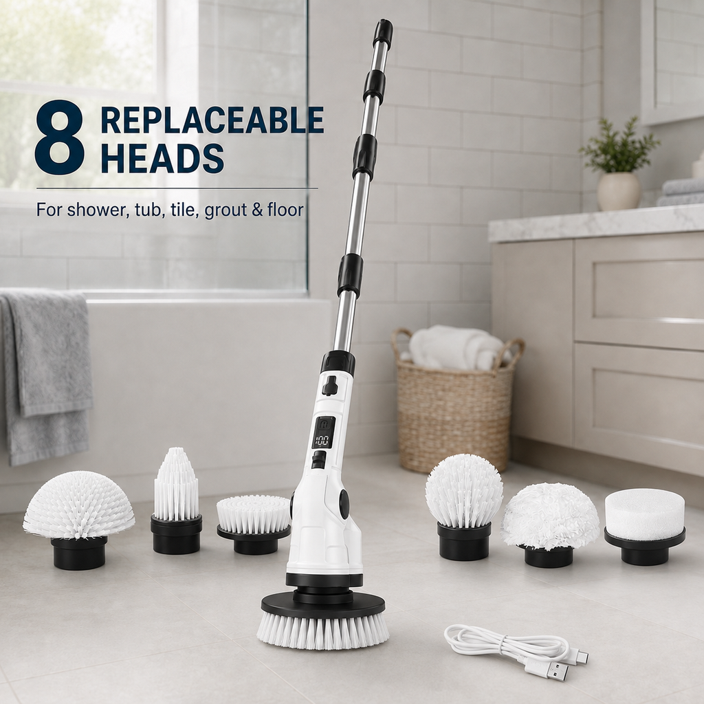 HAWQP Electric Spin Scrubber, Cordless Shower Cleaning Brush with 8 Heads, 3 Speeds, Adjustable Extension Handle for Bathroom, Tub, Tile & Floor