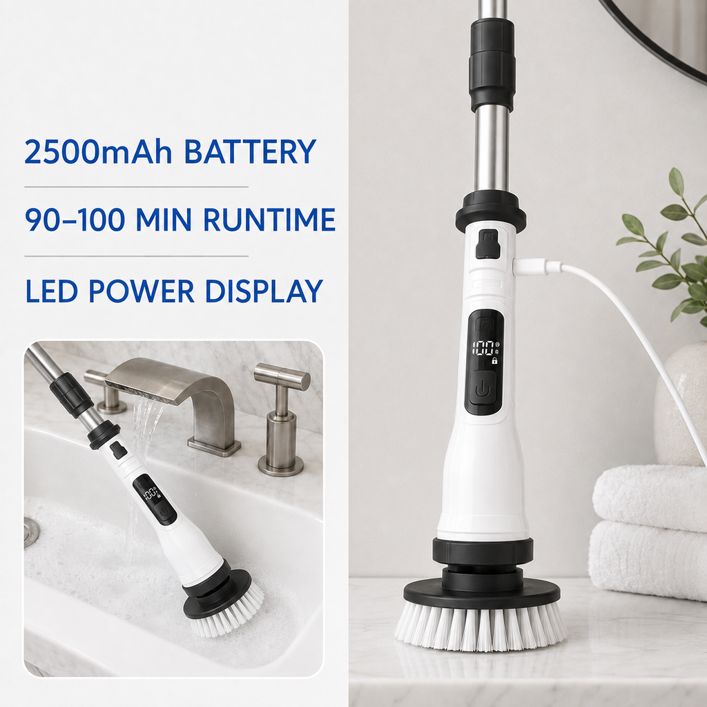 HAWQP Electric Spin Scrubber, Cordless Shower Cleaning Brush with 8 Heads, 3 Speeds, Adjustable Extension Handle for Bathroom, Tub, Tile & Floor